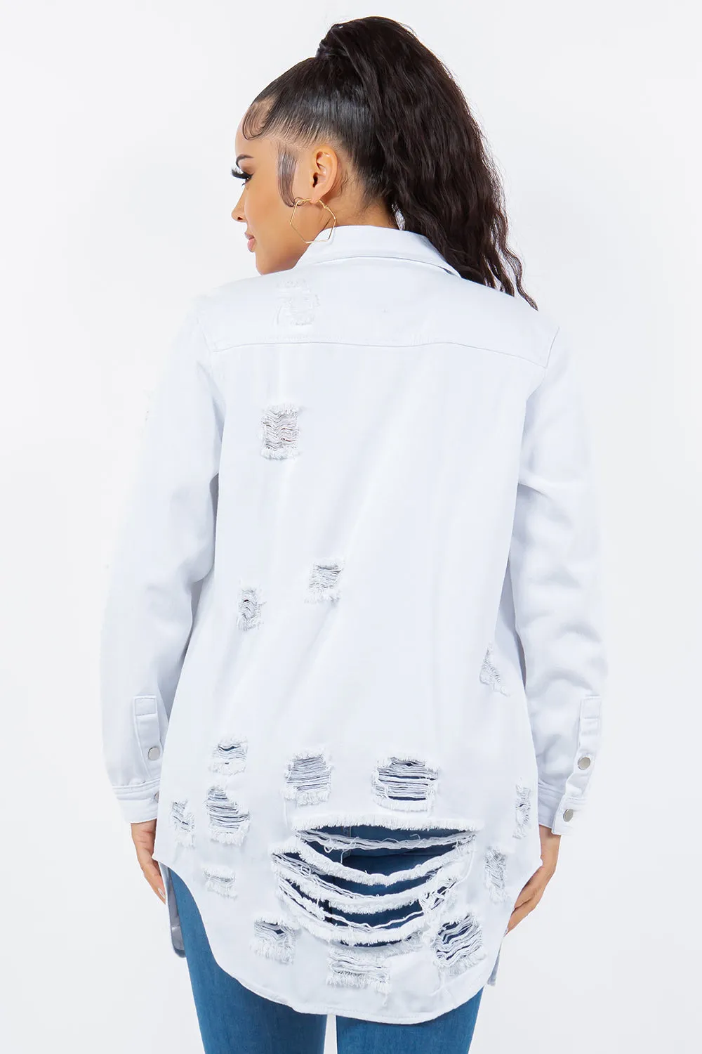 American Bazi Torn Distressed Hole Oversized Shacket Cotton Denim Jean Jacket White