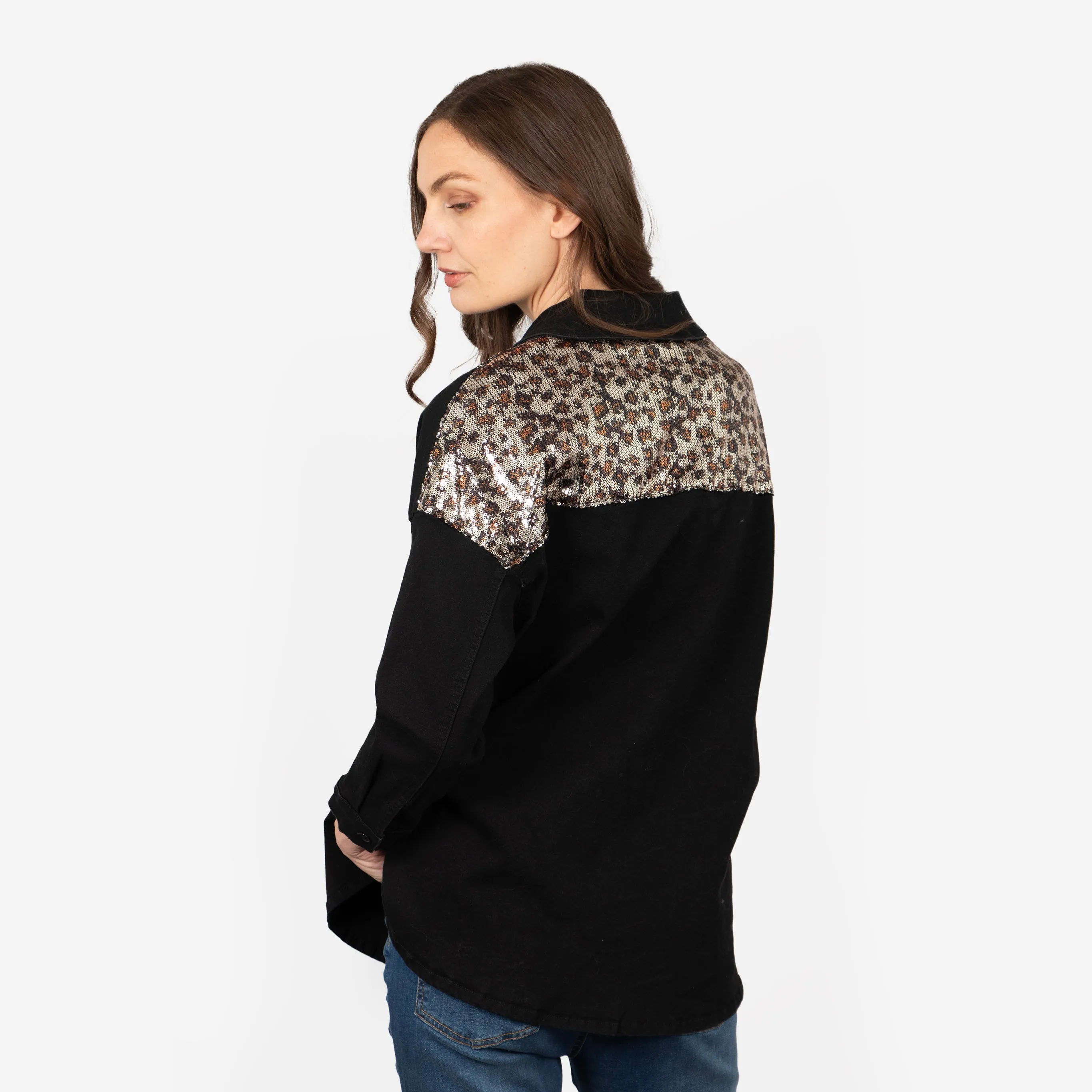 Andie Denim Shacket - Black, Leopard Sequin