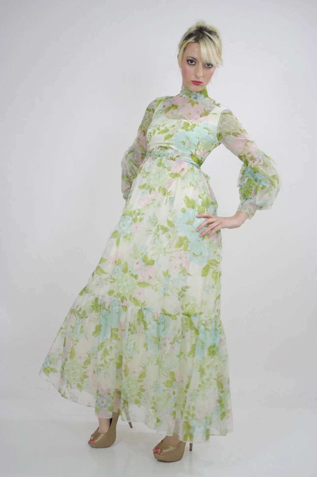 Authentic vintage 70s boho hippie sheer pastel floral maxi dress S