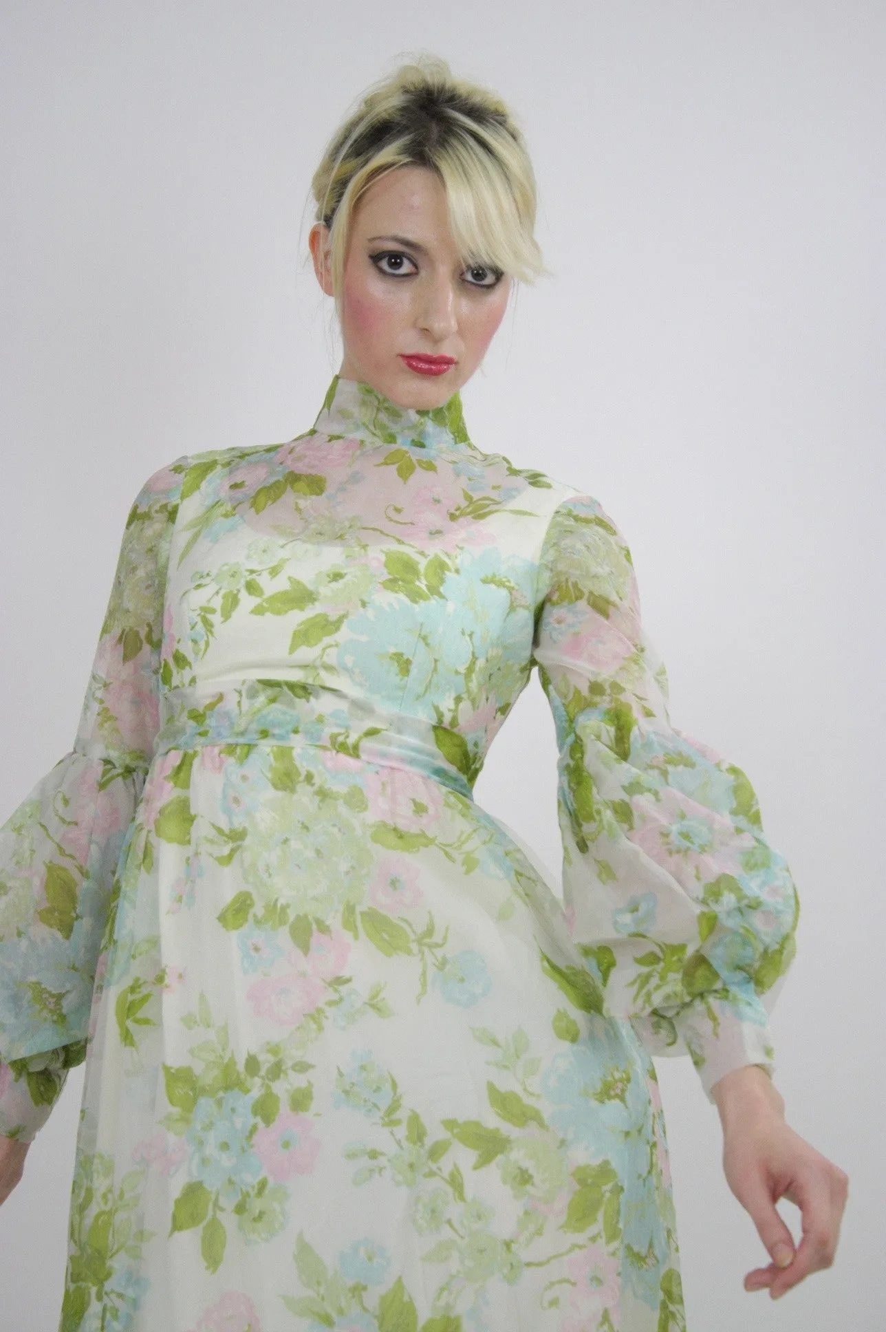 Authentic vintage 70s boho hippie sheer pastel floral maxi dress S