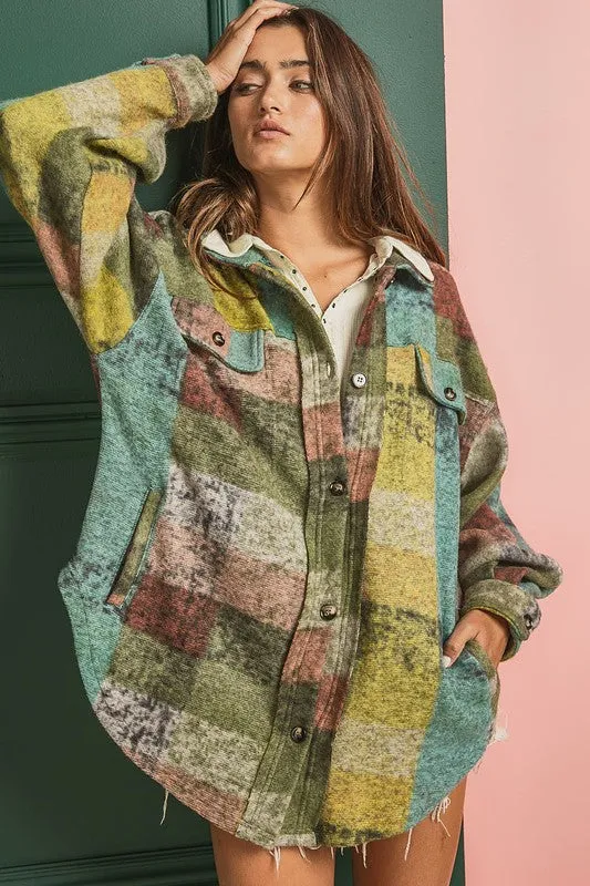 Bibi Multicolor Checkered Plaid Button Down Relaxed Fit Shacket