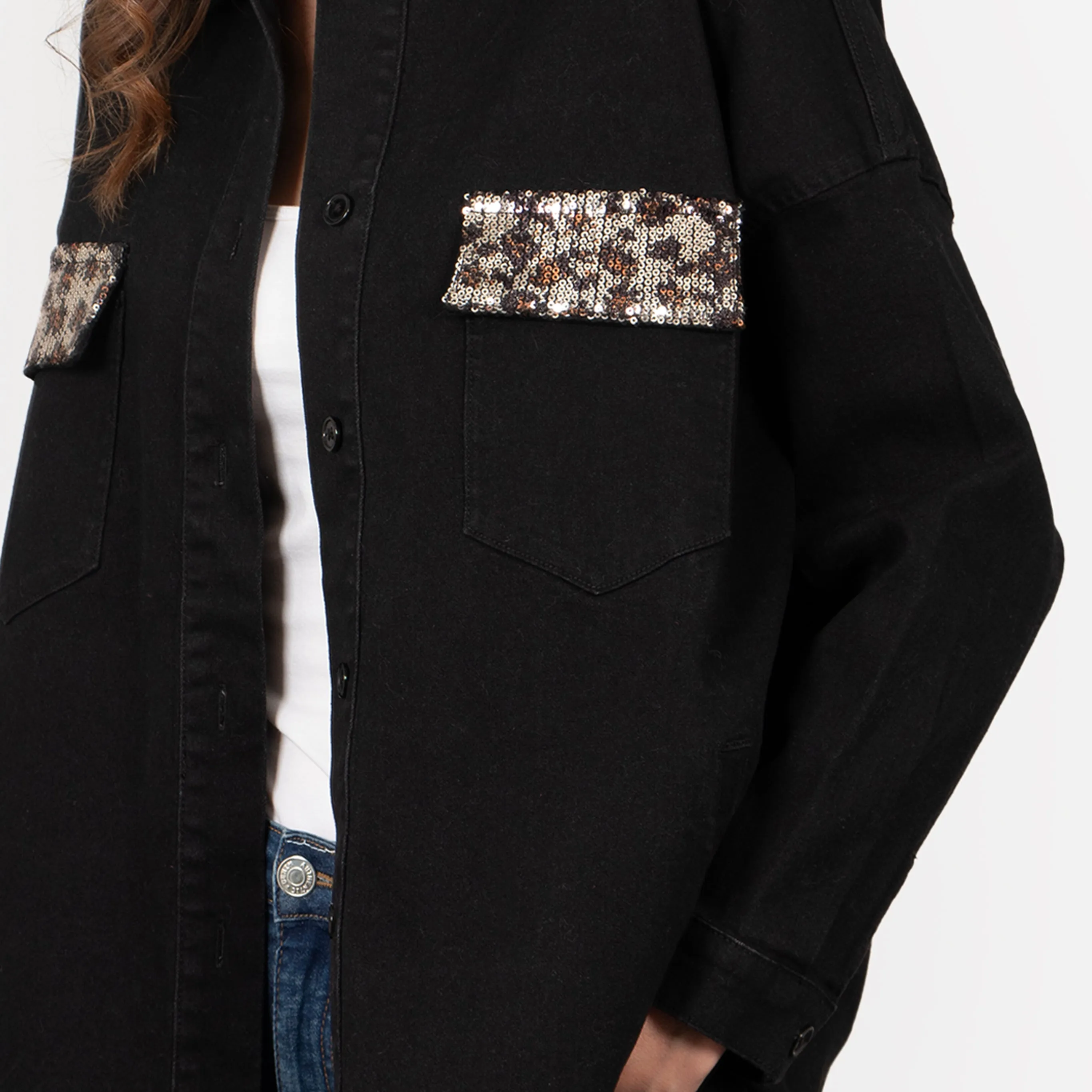 Billie Denim Shacket - Black, Leopard Sequin