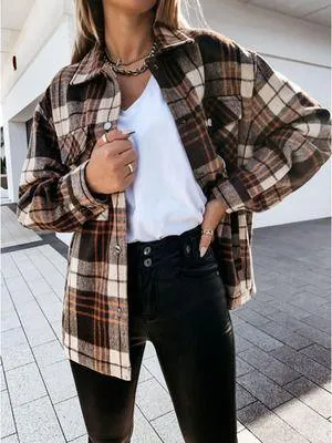 Blend Wool Brushed Plaid Pattern Shacket Collared Flannel Shirt Jacket