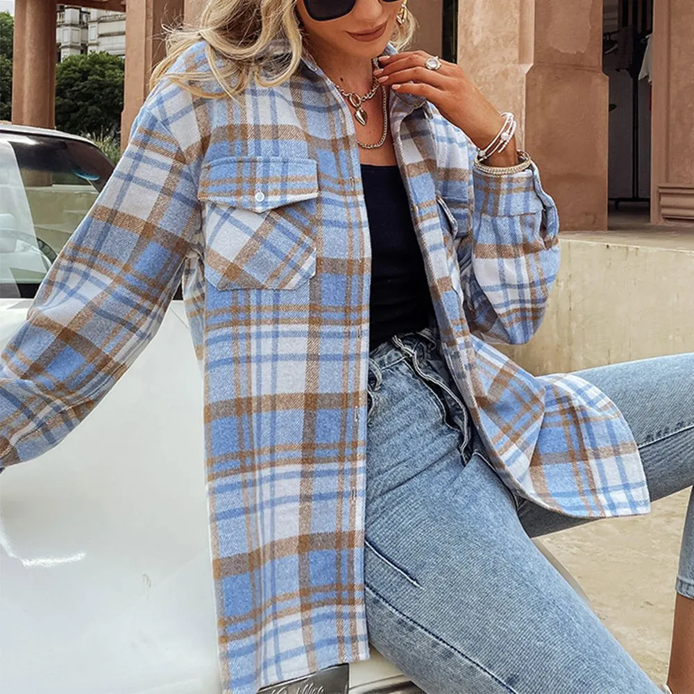 Blend Wool Brushed Plaid Pattern Shacket Collared Flannel Shirt Jacket