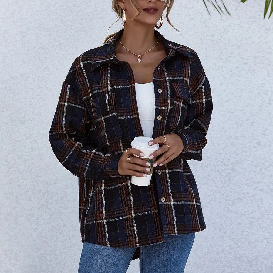 Blend Wool Brushed Plaid Pattern Shacket Collared Flannel Shirt Jacket