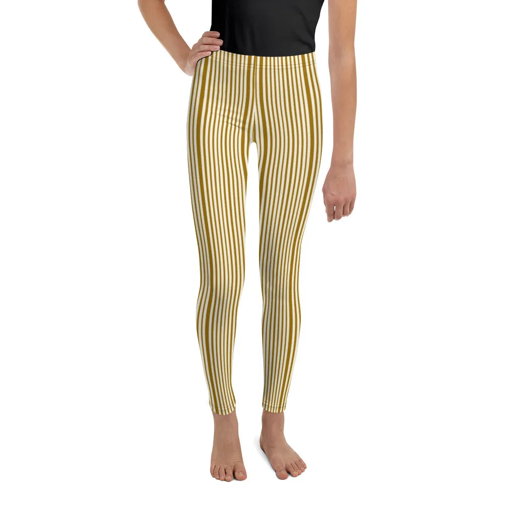 Brown Light Yellow Dense Stripe Print Youth Leggings Tight Pants- Made in USA/ EU