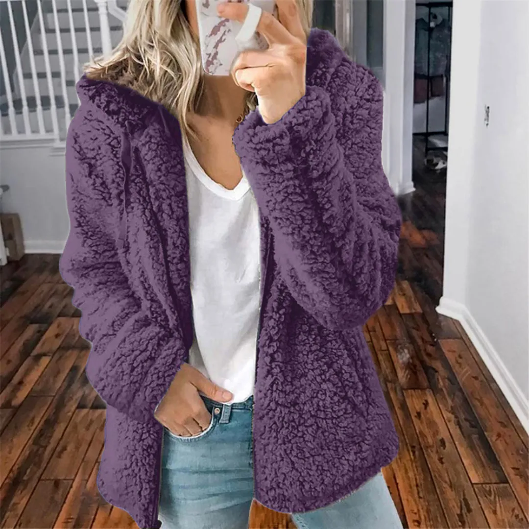 Comfy and Soft Fuzzy Sherpa Fleece Jacket Hoodies Zip Up Casual Long Sleeve Warm Sweatshirt With Pockets Large Size For Women