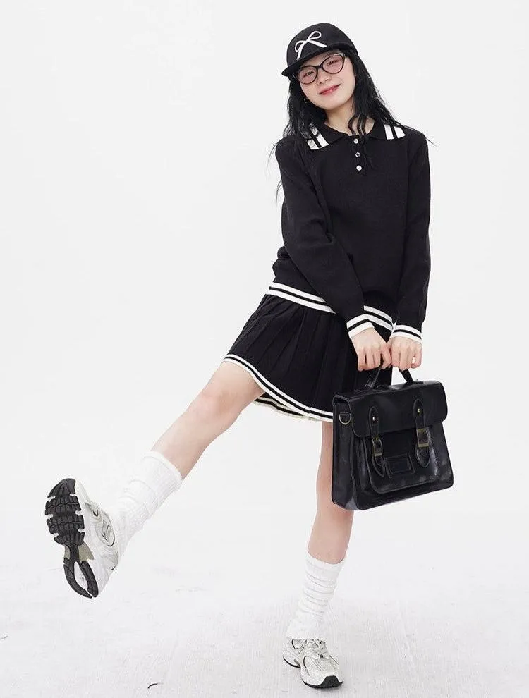 Contrast Trim Half Button Sweatshirt and Pleated Skirt Two-Piece Set
