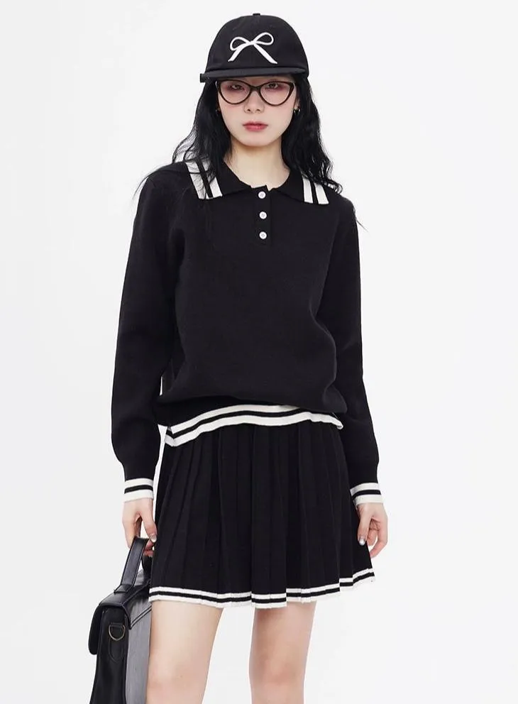 Contrast Trim Half Button Sweatshirt and Pleated Skirt Two-Piece Set