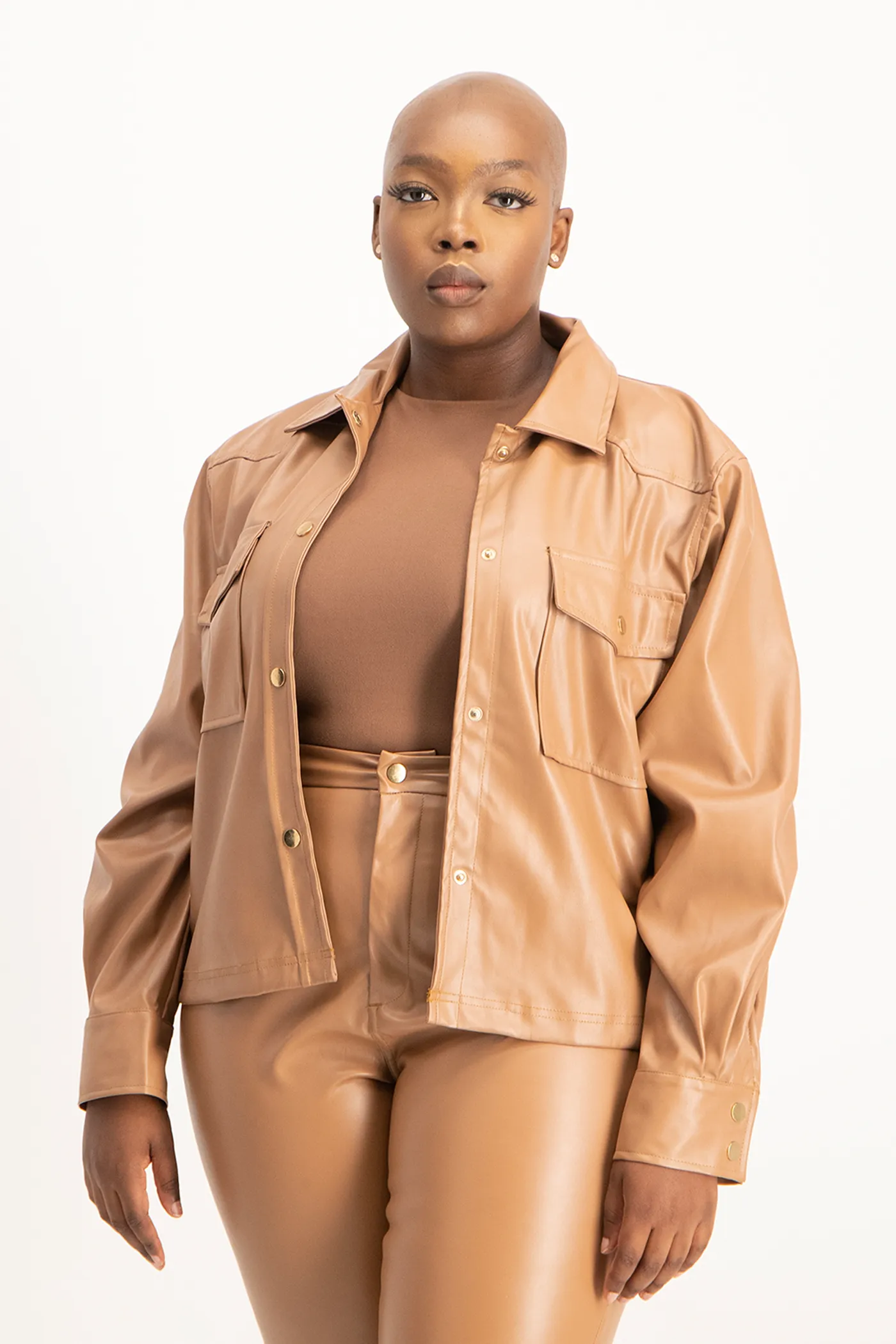 Eliana Faux Leather Shacket - Camel