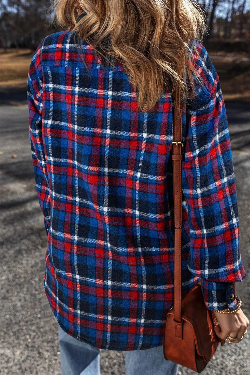 Explore More Collection - Pocketed Plaid Collared Neck Long Sleeve Shacket