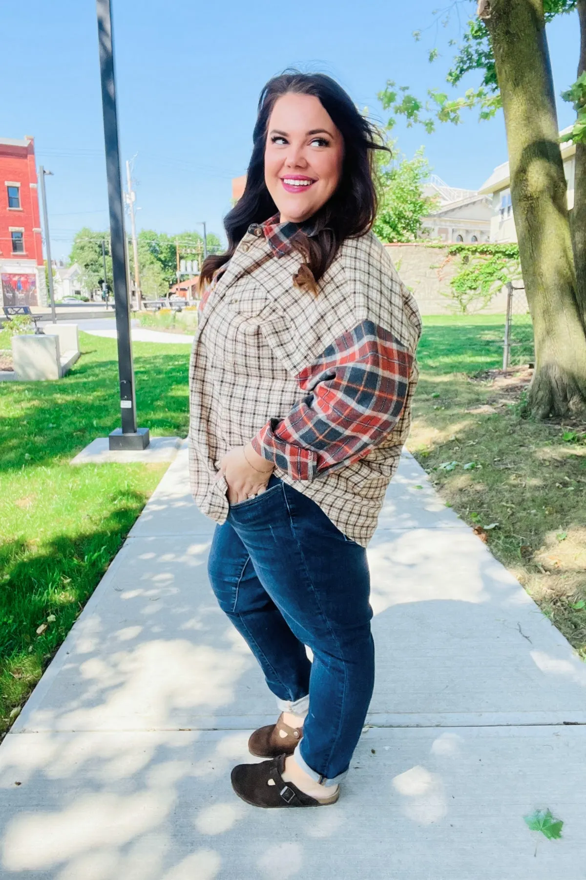 Explore More Collection - Rust & Taupe Plaid Color Block Shacket