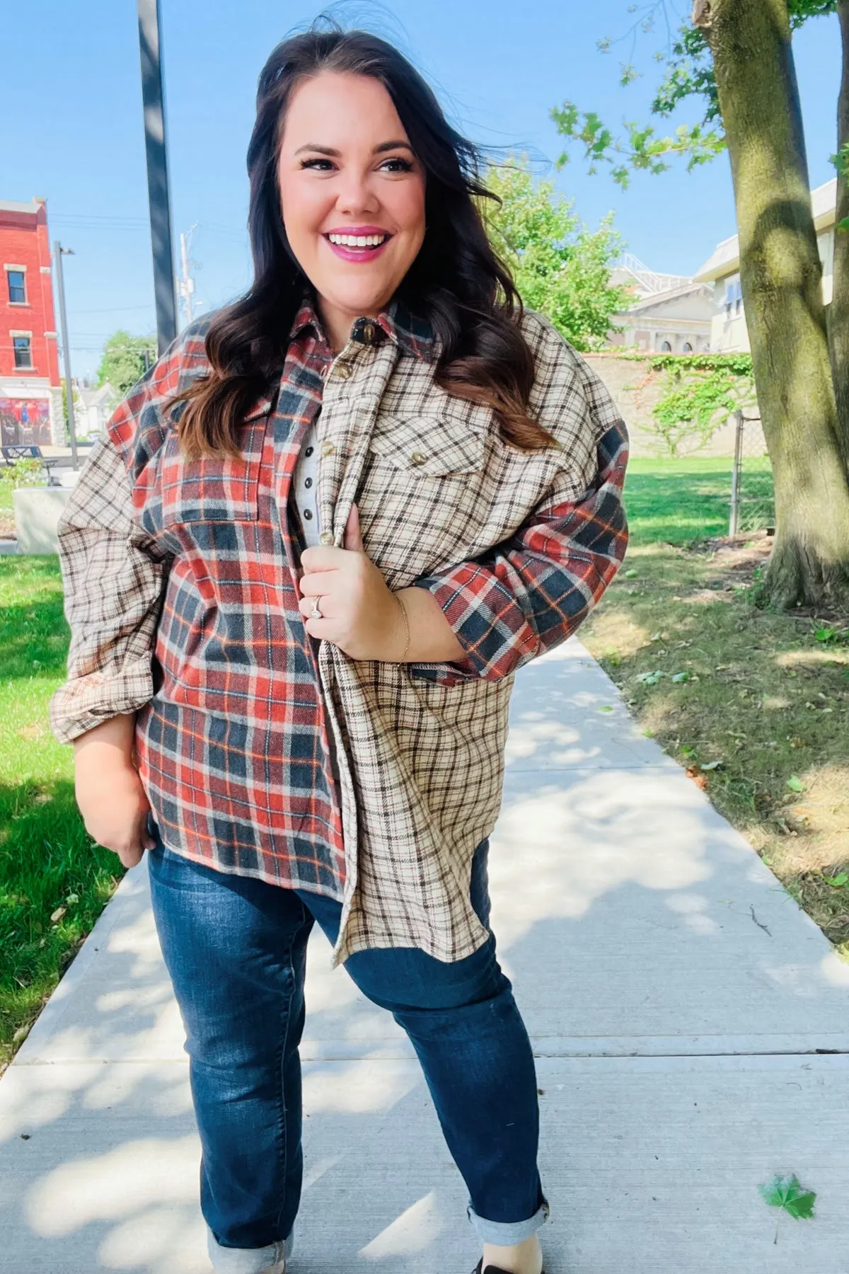 Explore More Collection - Rust & Taupe Plaid Color Block Shacket