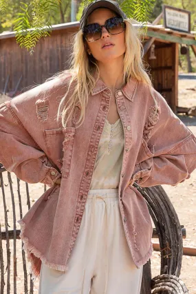POL Boho Button Down Raw Hem Distressed Shacket