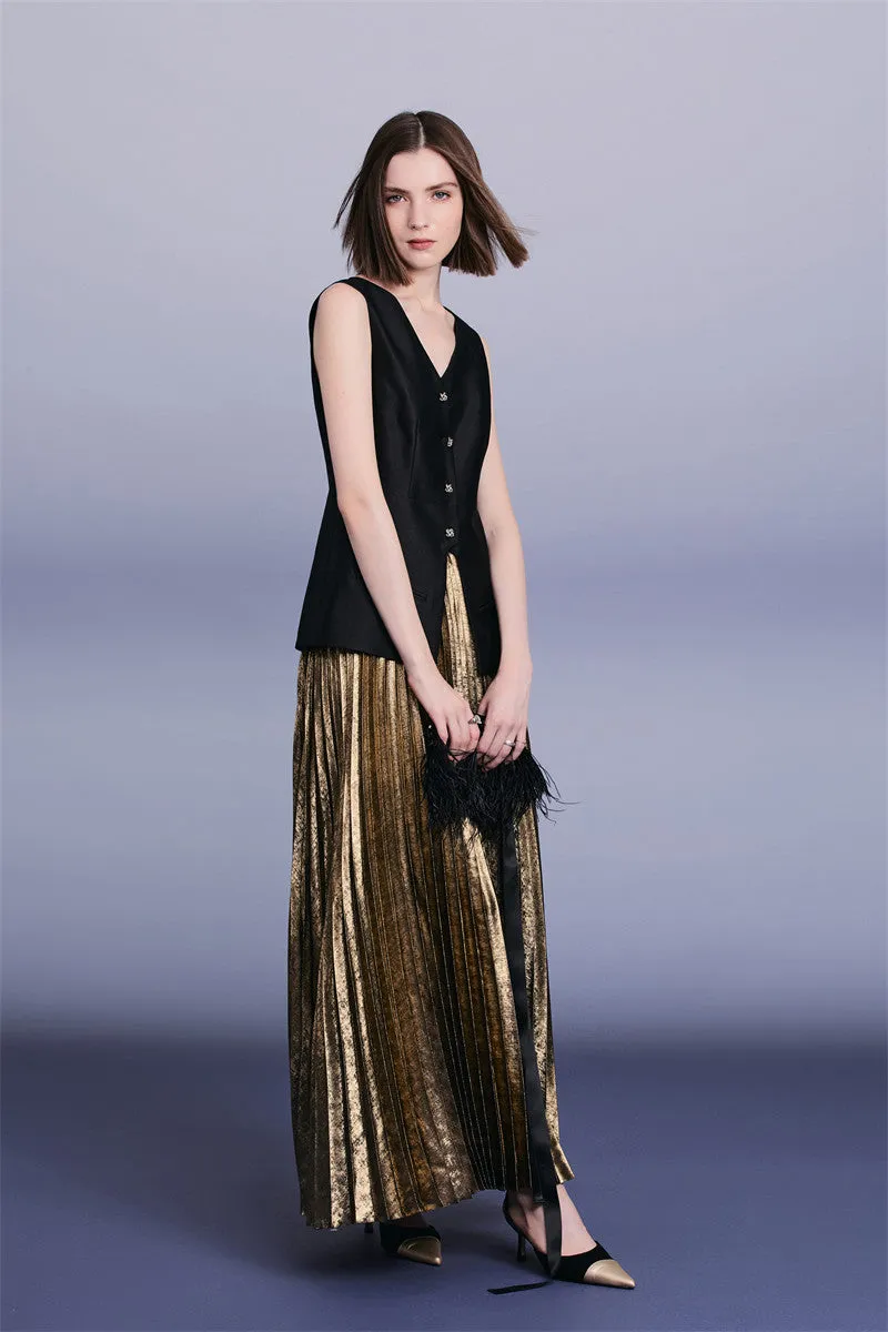 PURITY Luxury British style classic black vest lacquered dark gold pressed pleated skirt set- Lizzy