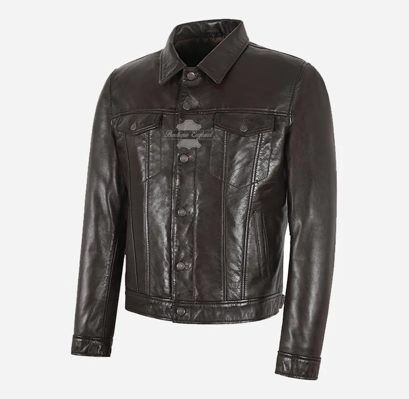 Rashford Mens Dark Brown Trucker Leather Jacket Leather Shacket
