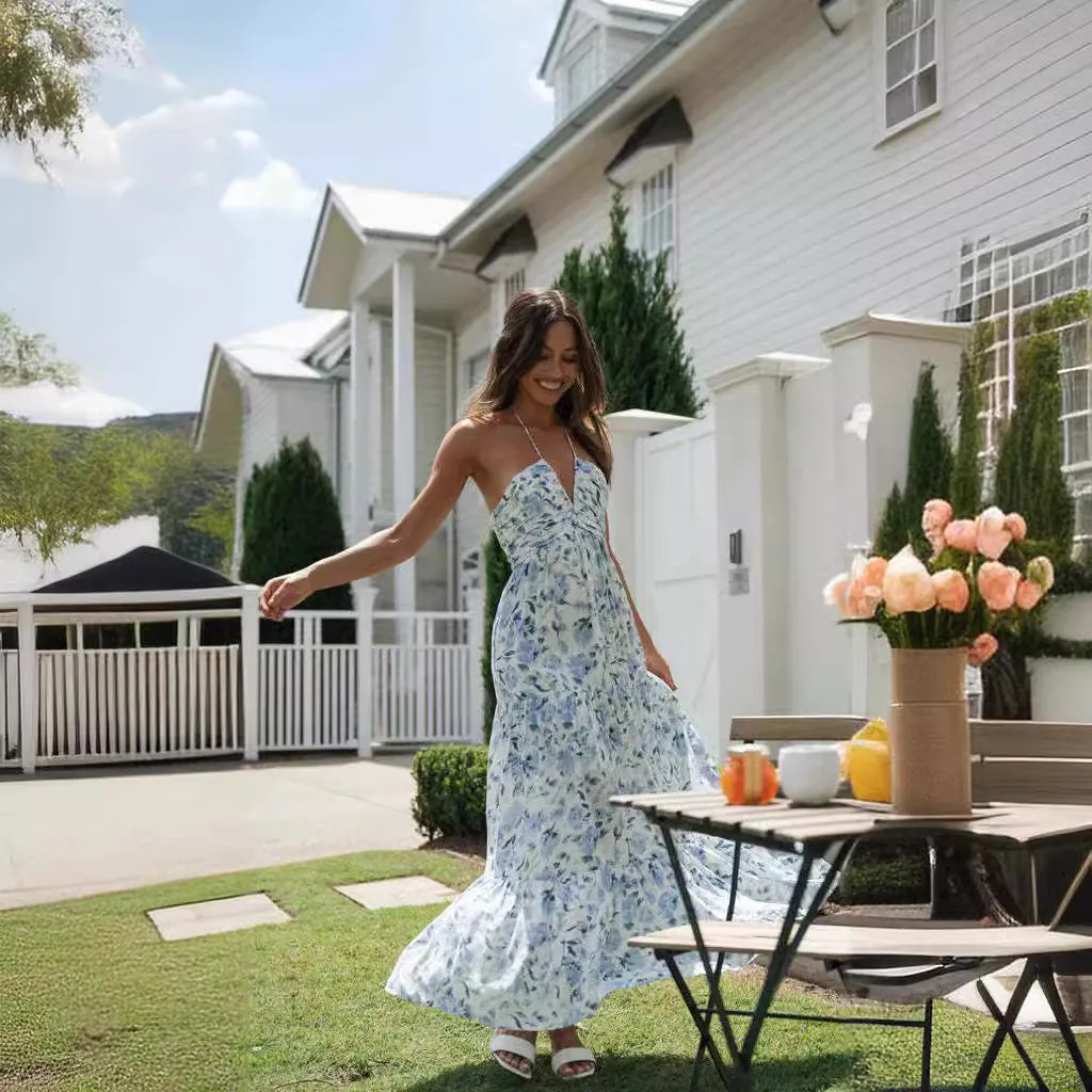 Summer Floral Print Spaghetti Strap V-neck Maxi Dress