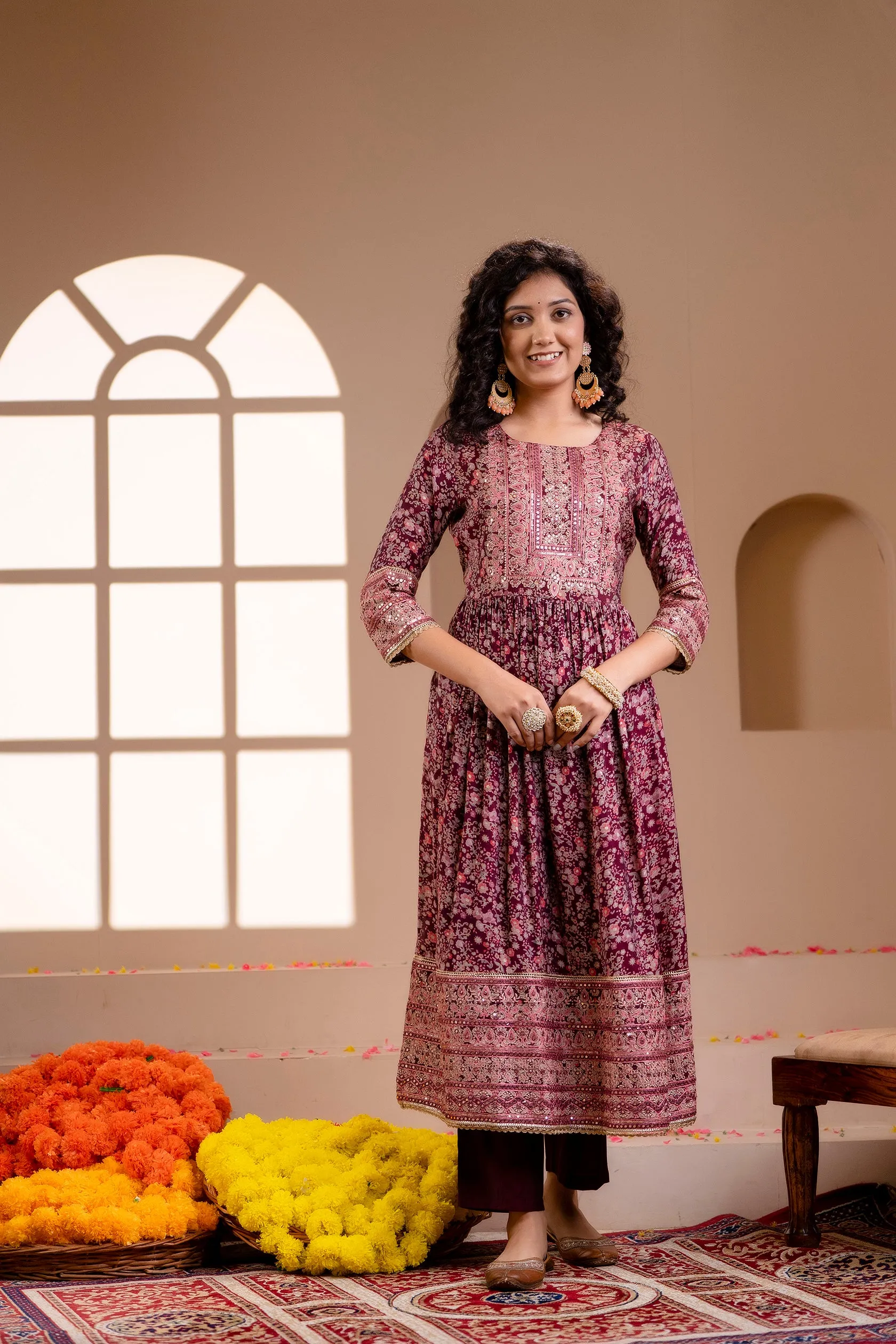 Women's Muslin Maroon Nyara Cut A-Line Ethnic Set