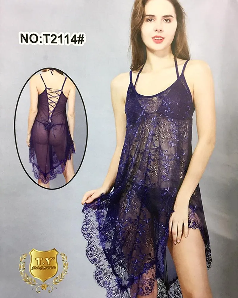 Women's Short Lace Lingerie Babydoll Sheer Gown Chemise Mesh Nightdress - T2114#