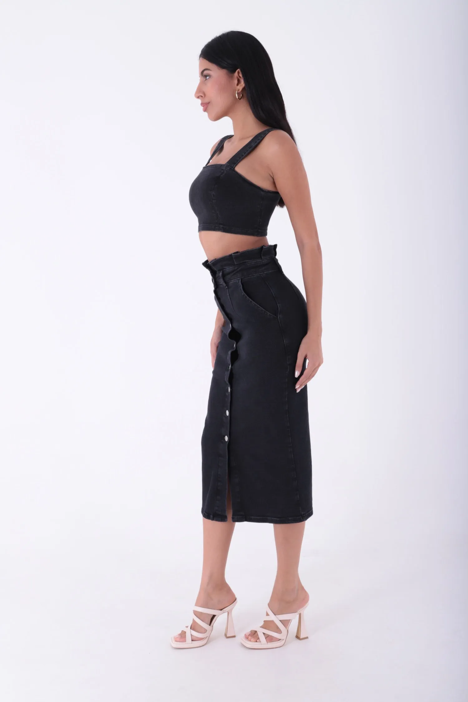 XLJ Pleated Denim Skirt with Buttons in Front Mixed - Petrel