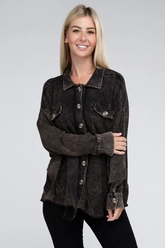 Zenana Ash Black Acid Washed Soft Waffle Knit Shacket