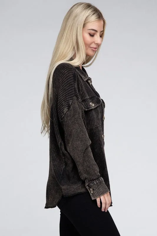 Zenana Ash Black Acid Washed Soft Waffle Knit Shacket