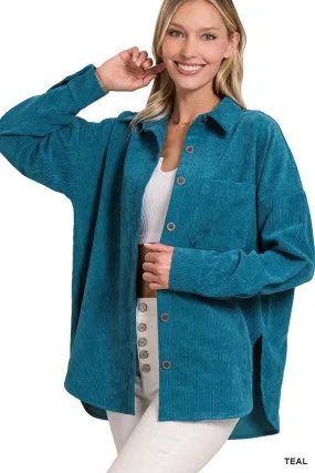 Zenana Oversize Corduroy Loose High Low Hem Collar Shacket